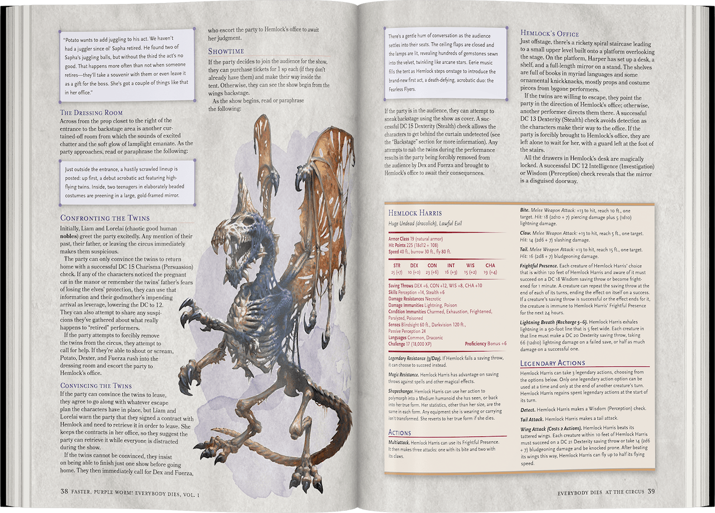 A grey-purple skeletal dracolich with large wings on a Dungeons & Dragons rulebook page