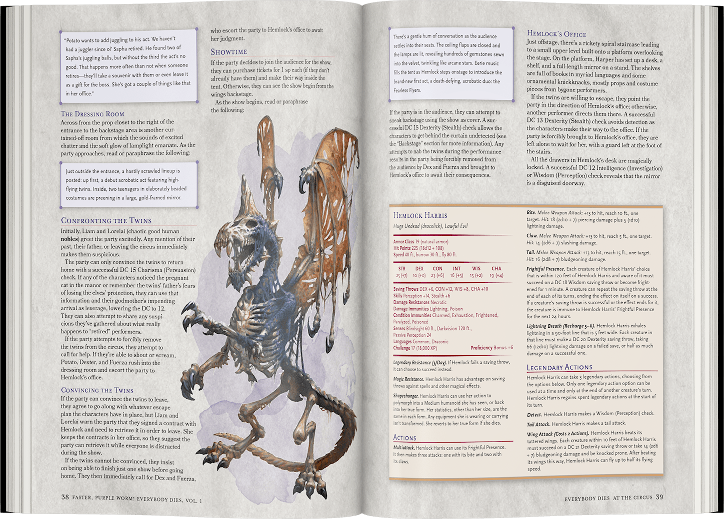A grey-purple skeletal dracolich with large wings on a Dungeons & Dragons rulebook page