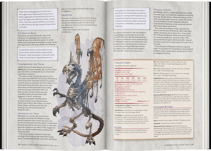 A grey-purple skeletal dracolich with large wings on a Dungeons & Dragons rulebook page