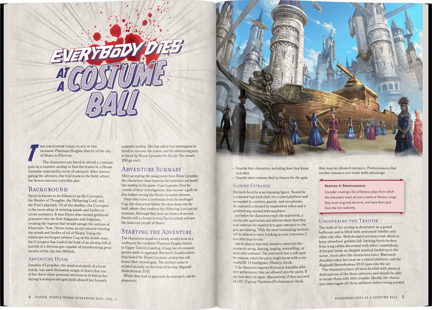An ornate airship with costumed guests sails over a fantasy city of towering spires