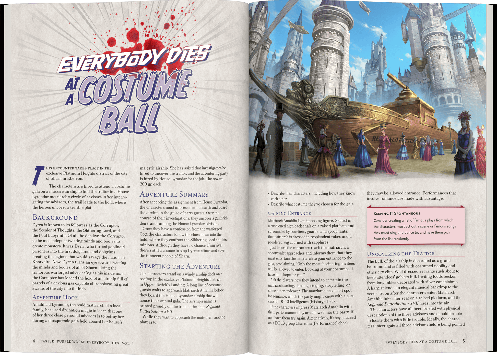An ornate airship with costumed guests sails over a fantasy city of towering spires