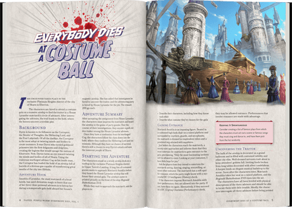 An ornate airship with costumed guests sails over a fantasy city of towering spires