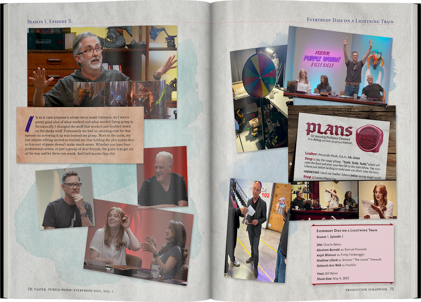 A TTRPG show scrapbook spread: DM speaking, players reacting, and a vibrant game session with a spin wheel and a 'Purple Worm' screen