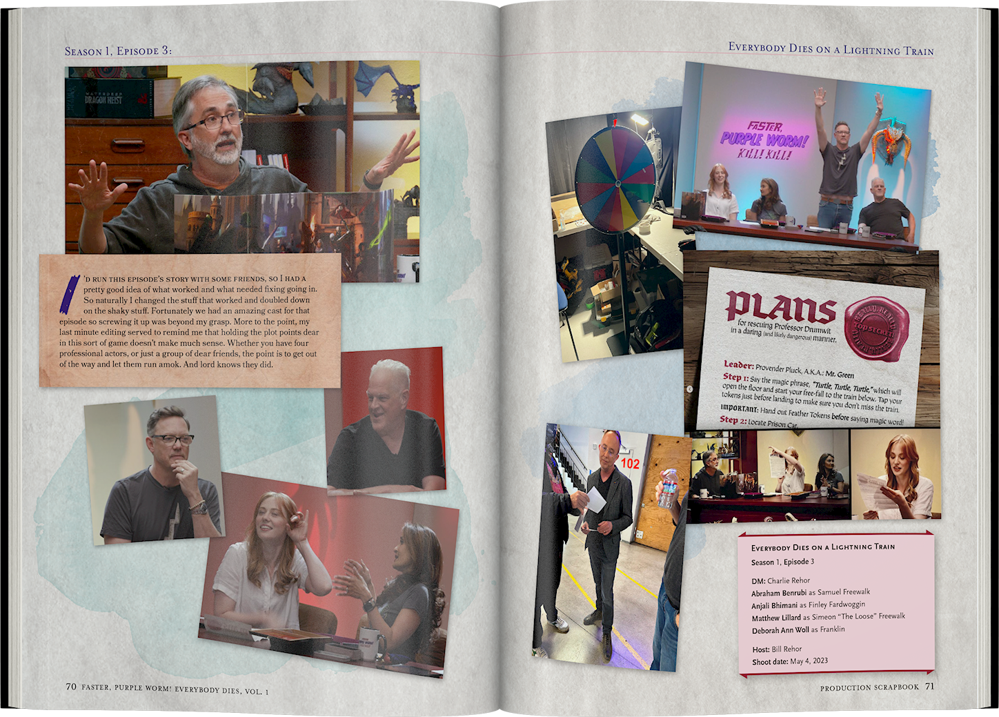 A TTRPG show scrapbook spread: DM speaking, players reacting, and a vibrant game session with a spin wheel and a 'Purple Worm' screen