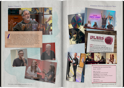 A TTRPG show scrapbook spread: DM speaking, players reacting, and a vibrant game session with a spin wheel and a 'Purple Worm' screen