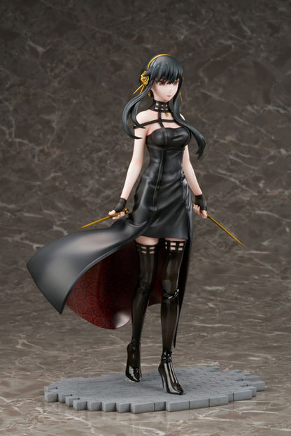 A full-body Yor Forger figure with black hair, wearing a black high-slit dress with a red patterned lining, black thigh-high boots, holding two golden stiletto weapons