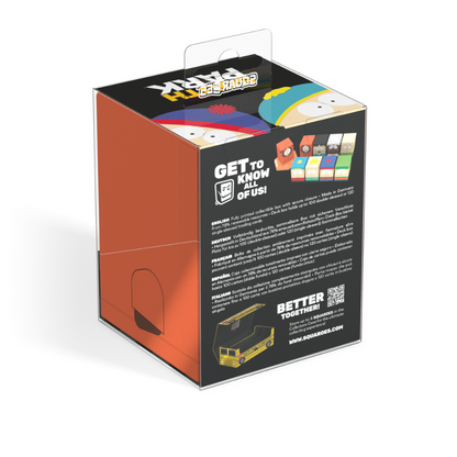 South Park trading card deck box packaging, orange and black, with Cartman's image on top