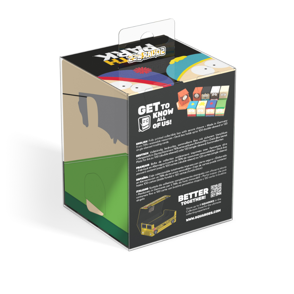 South Park collectible trading card deck box featuring Cartman, Kenny, Kyle, and Stan faces on the top