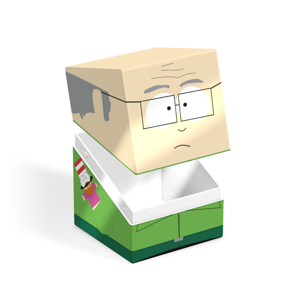 South Park Mr. Garrison collectible box, with the cubical head lid partially open, revealing the empty interior