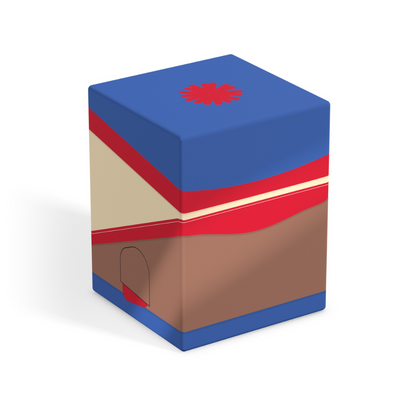 Deck box in blue, brown, and red wavy design with a red flower symbol on the top