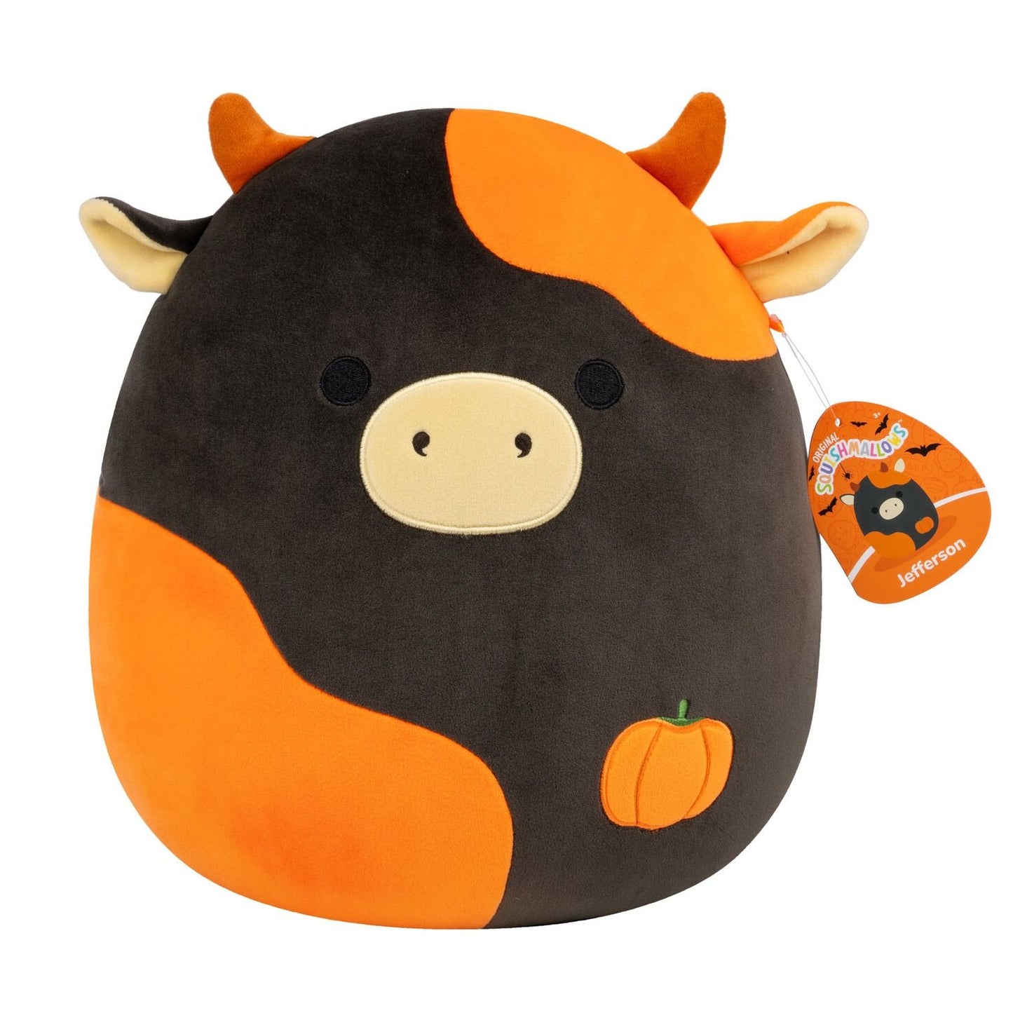 Black and orange Halloween cow Squishmallow, Jefferson, featuring a pumpkin emblem and tag