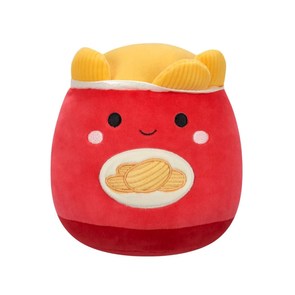 Cute red chip bag plush toy featuring a smiling face and yellow crinkle-cut chips