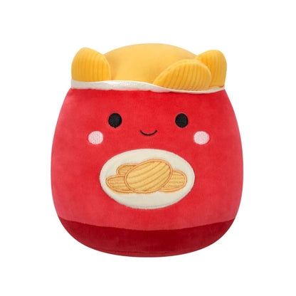 Cute red chip bag plush toy featuring a smiling face and yellow crinkle-cut chips