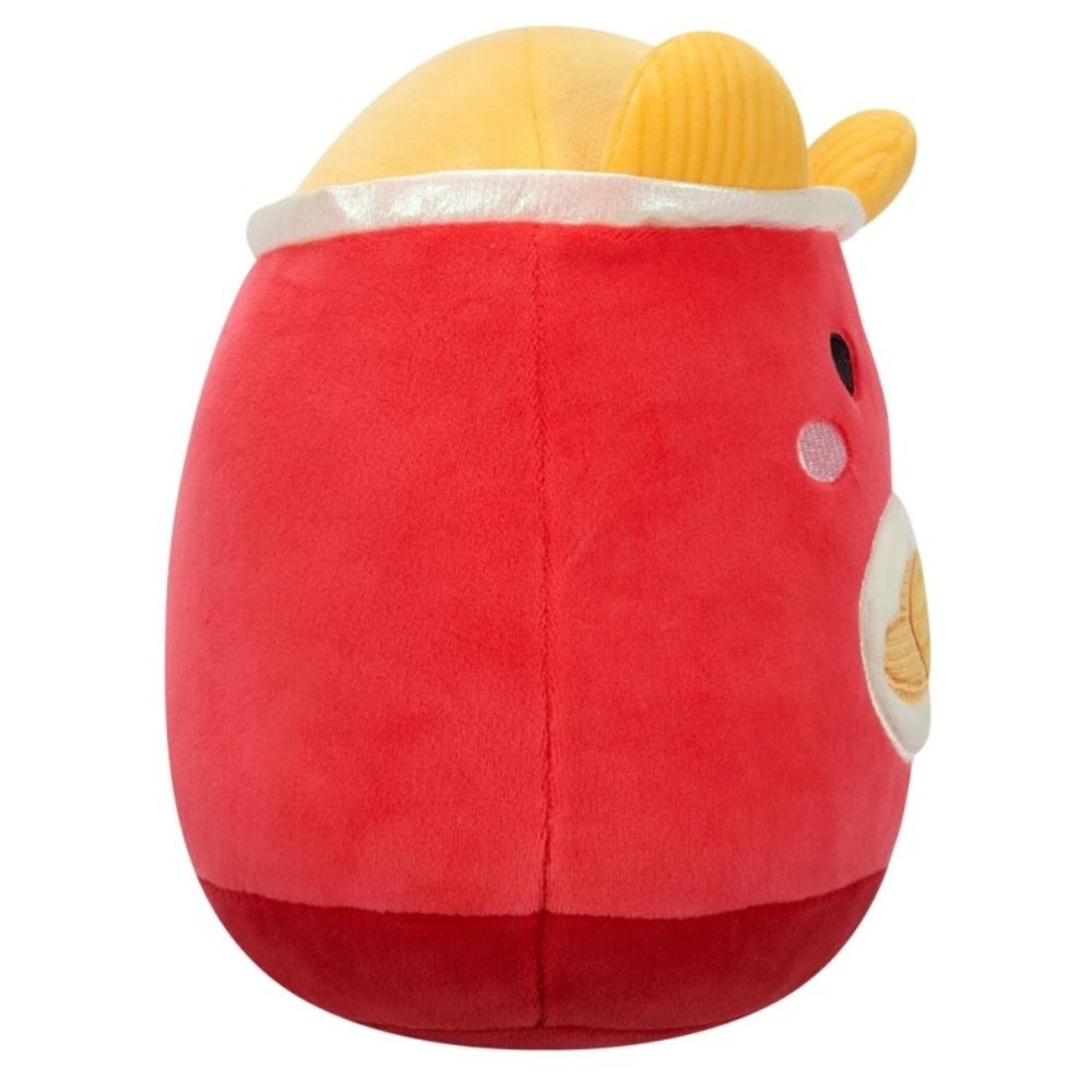 Red, egg-shaped plush toy with a yellow eggshell top and a fried egg patch