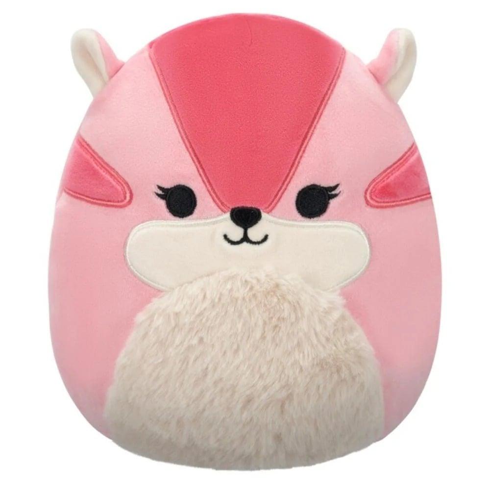 Pink striped Squishmallow plush animal with small ears, embroidered eyes, and a fluffy beige chest