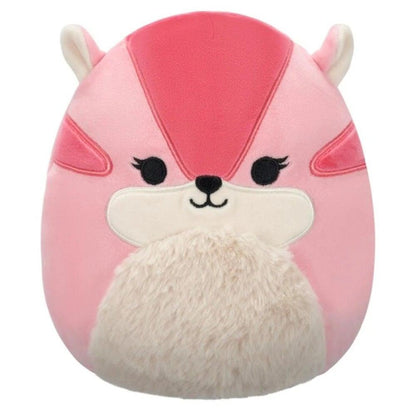Pink striped Squishmallow plush animal with small ears, embroidered eyes, and a fluffy beige chest