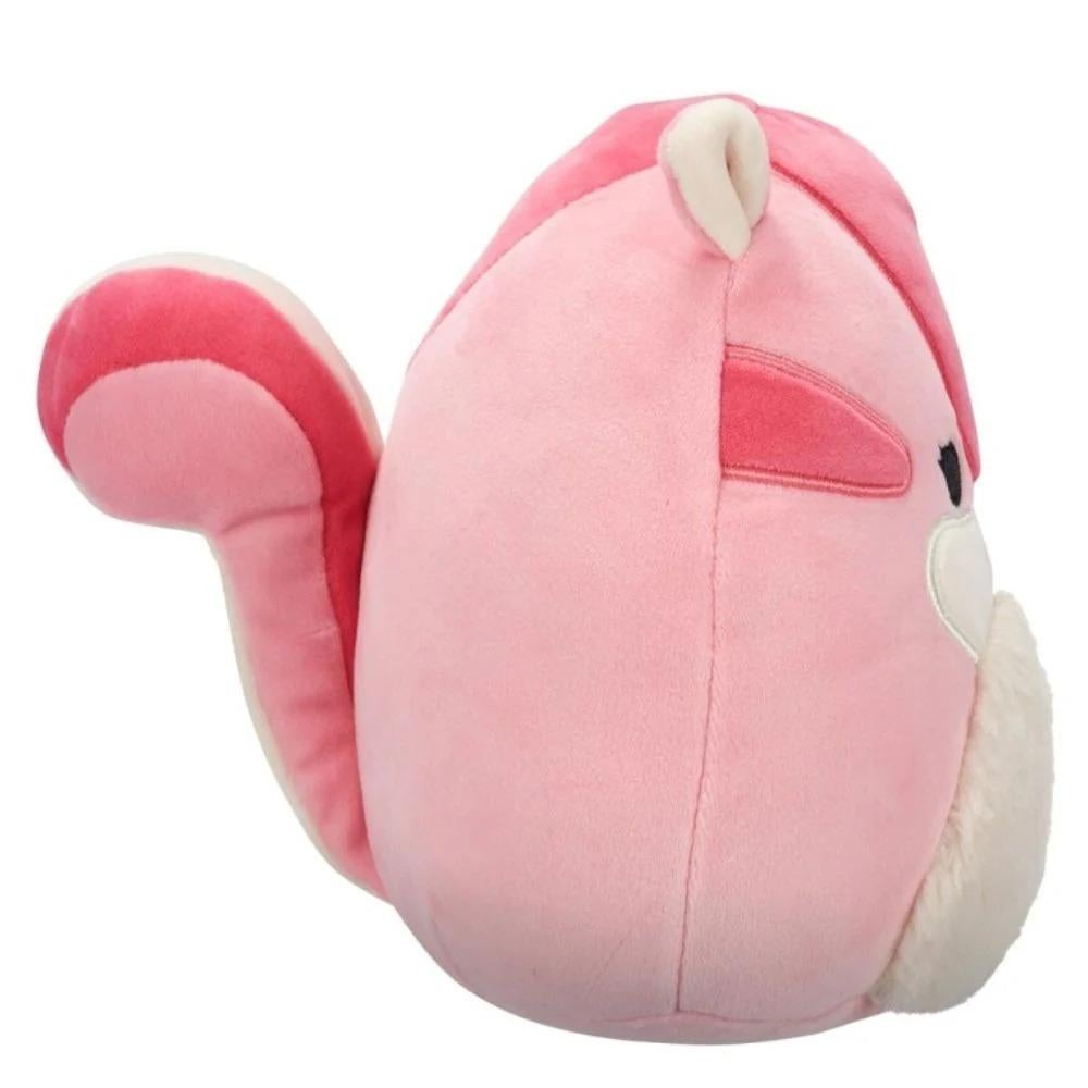 Fuzzy pink squirrel plush toy with a striped tail and white face details, seen in profile