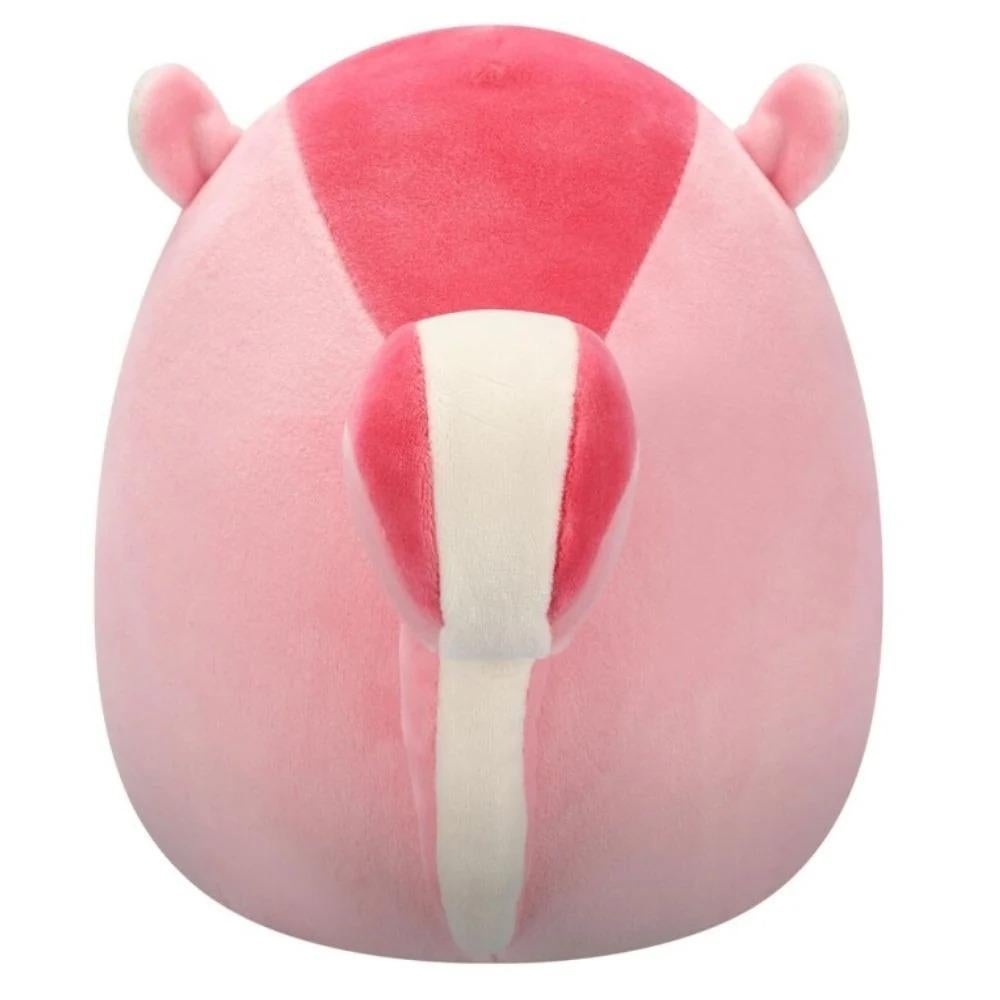 Round, pink plush toy with small ears and a large, vertically striped pink and white tail