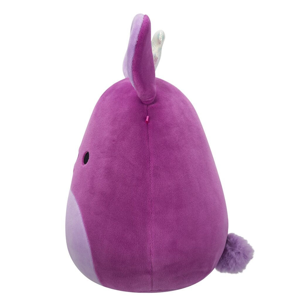 Purple, round plush toy (Squishmallow style) viewed from the side, featuring ears and a fuzzy tail