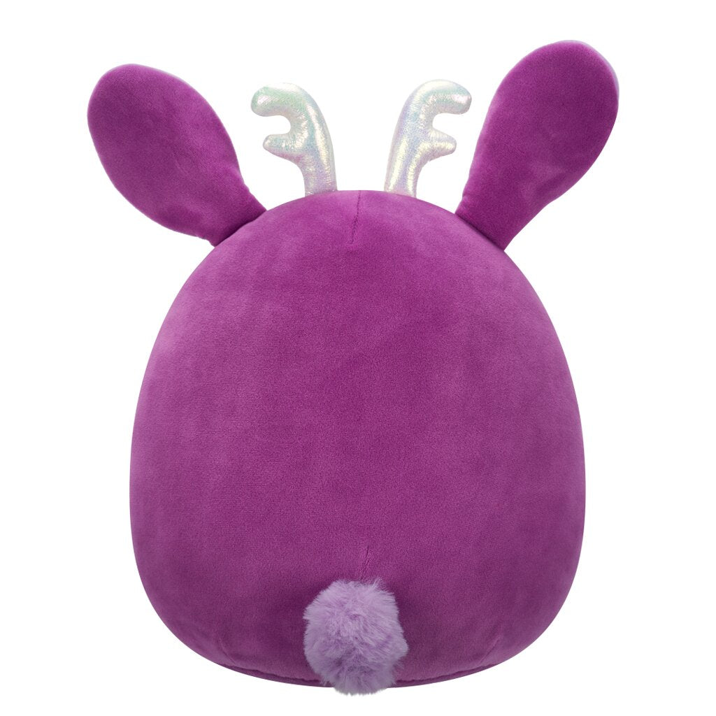 Purple plush toy (back view) with floppy ears, small iridescent antlers, and a fluffy pom-pom tail