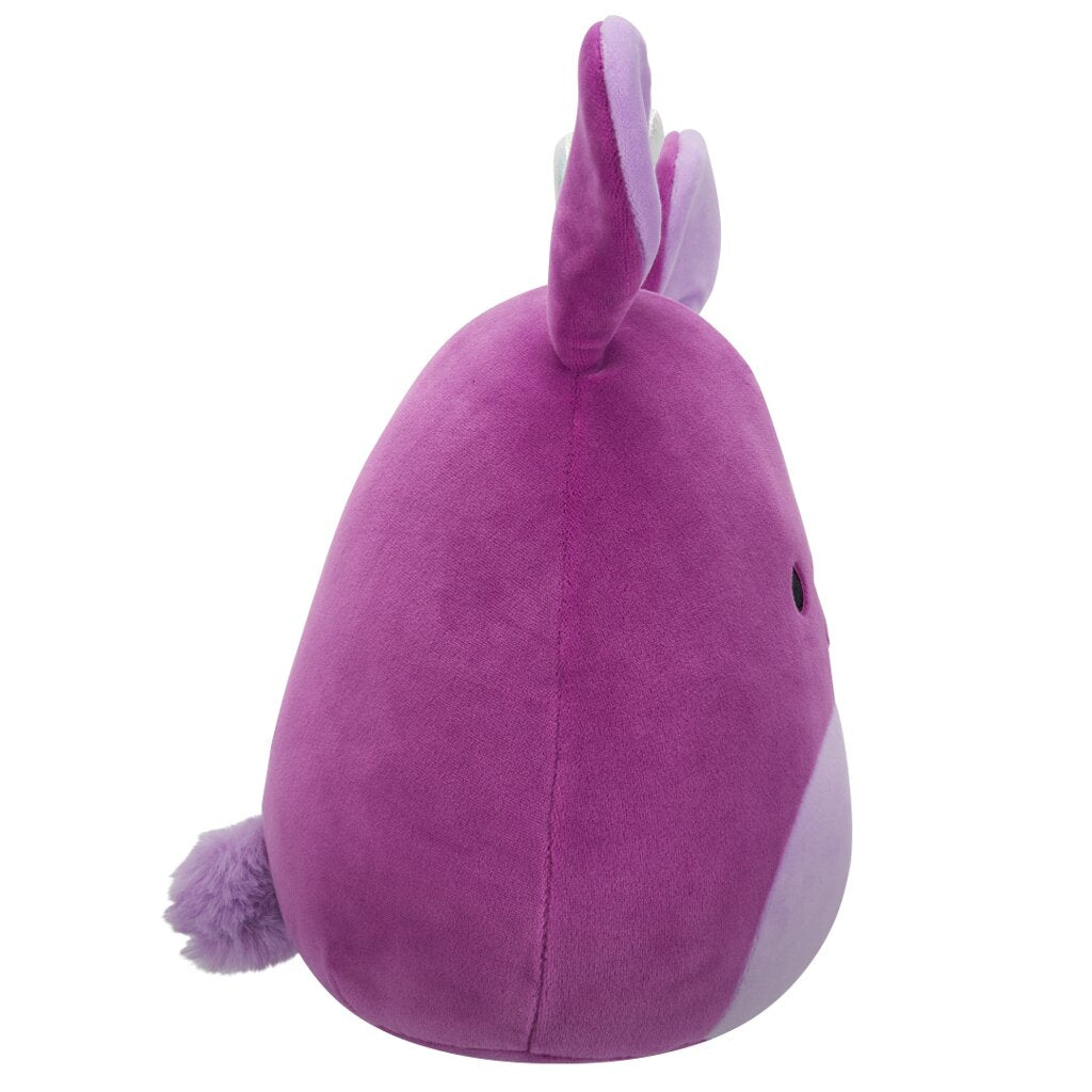 Side view of a round, purple plush bunny toy with long floppy ears and a fluffy tail