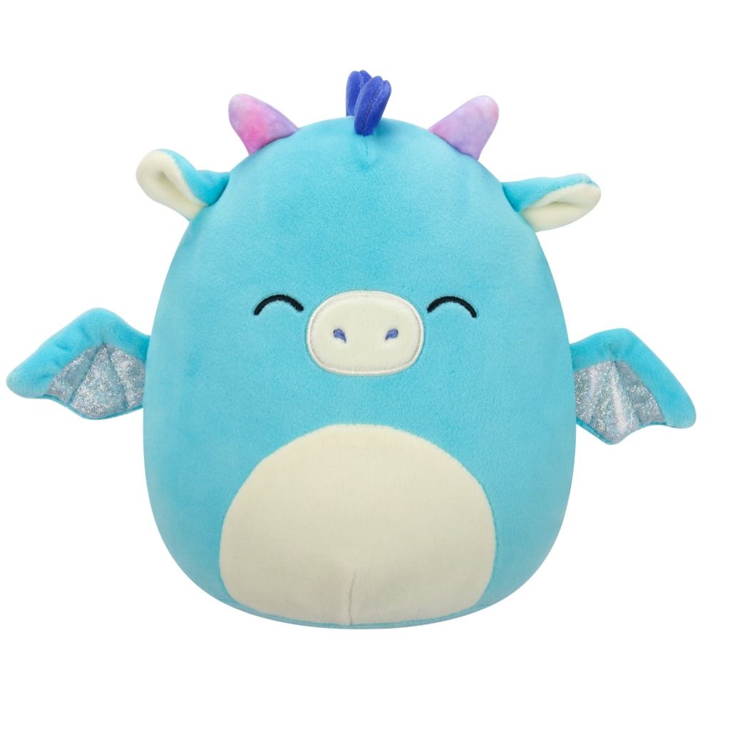 Smiling blue dragon plush toy with glitter wings, purple horns, and a cream belly