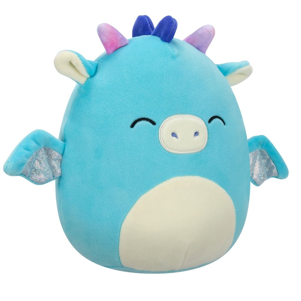 Smiling, light blue plush dragon toy with sparkly silver wings and pink horns