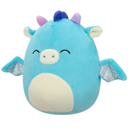 Light blue Squishmallow dragon plush with shiny silver wings, pink horns, and a cream belly patch
