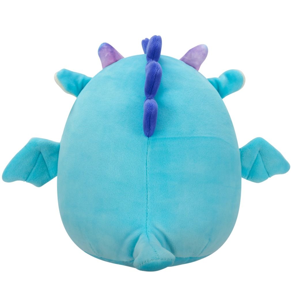 Blue plush dragon toy, seen from the back, showing purple spikes and wings on a white background