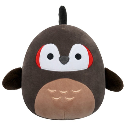 Dark brown owl plush toy with a tan chest and large white eyes outlined in red