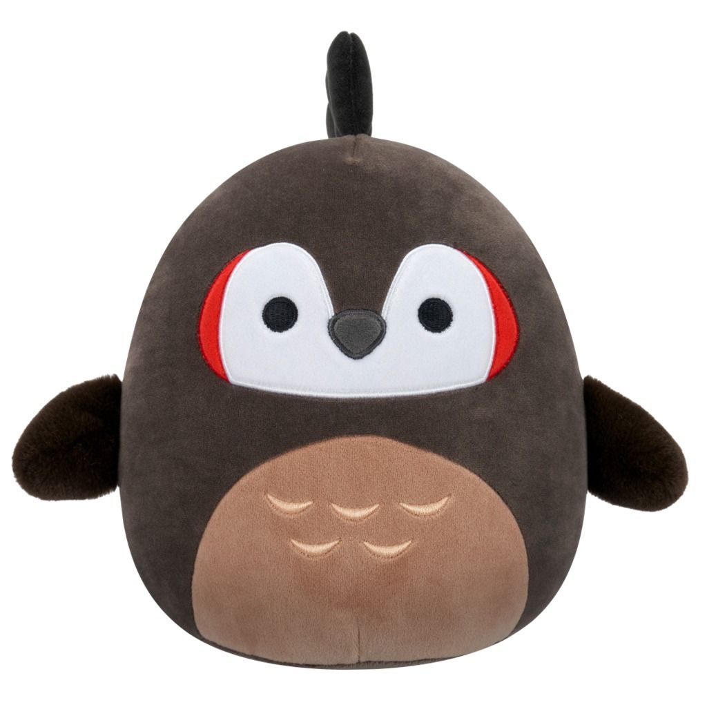 Dark brown owl plush toy with a tan chest and large white eyes outlined in red