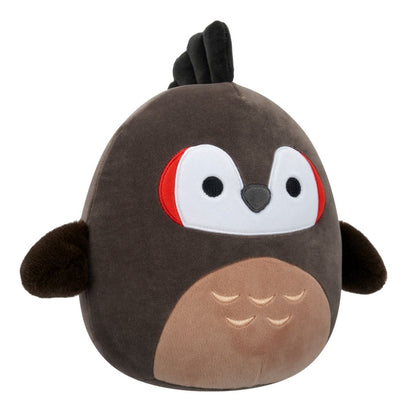 Dark brown, stylized owl plush toy with a black crest and red-outlined white eye patches