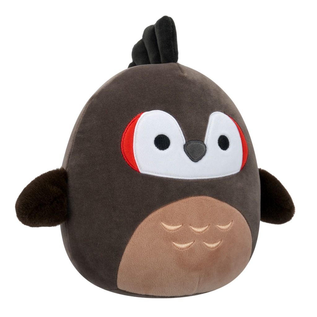 Dark brown, stylized owl plush toy with a black crest and red-outlined white eye patches