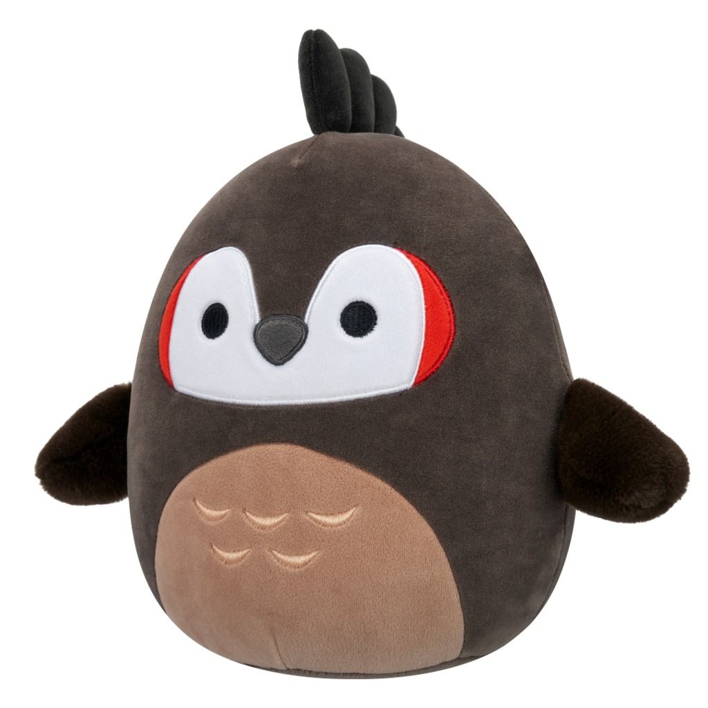 Dark brown plush bird toy with a white and red face mask, light brown belly, and small black feather crest