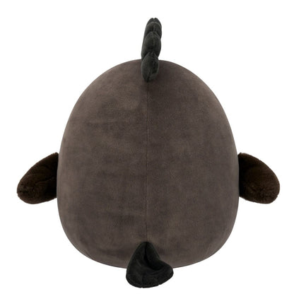 Back view of a brown plush toy with side flippers, a small tail, and a segmented dark dorsal fin