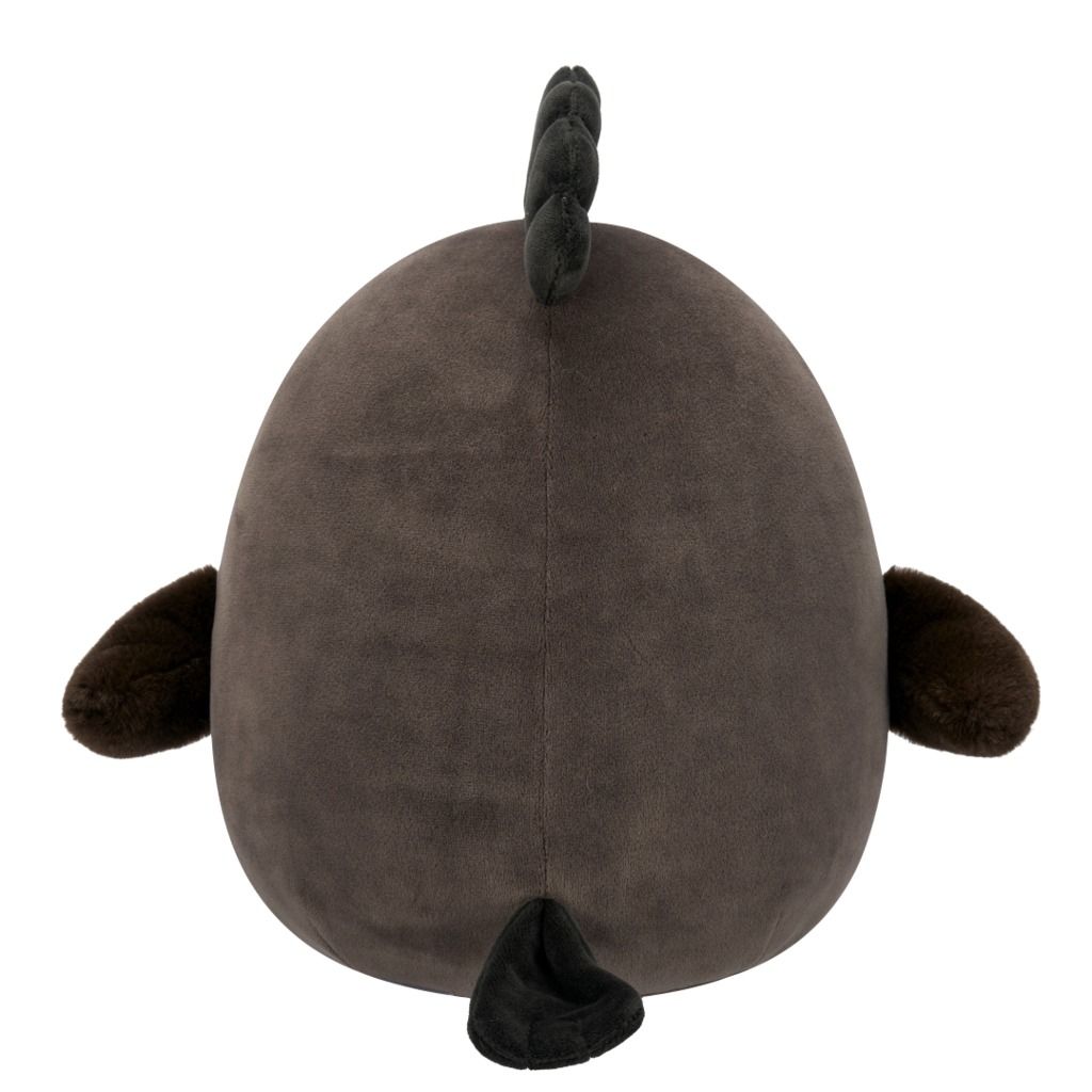 Back view of a brown plush toy with side flippers, a small tail, and a segmented dark dorsal fin