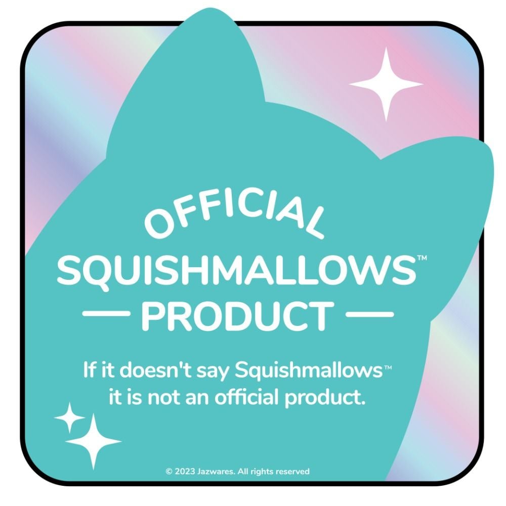 Teal cat-shaped graphic: "OFFICIAL SQUISHMALLOWSâ„¢ PRODUCT." Text warns against counterfeits