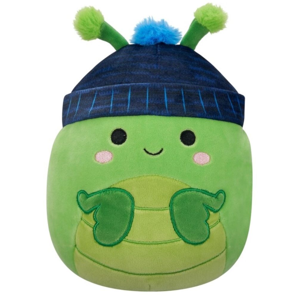 Smiling green plush bug toy wearing a dark blue beanie with green antennae tips