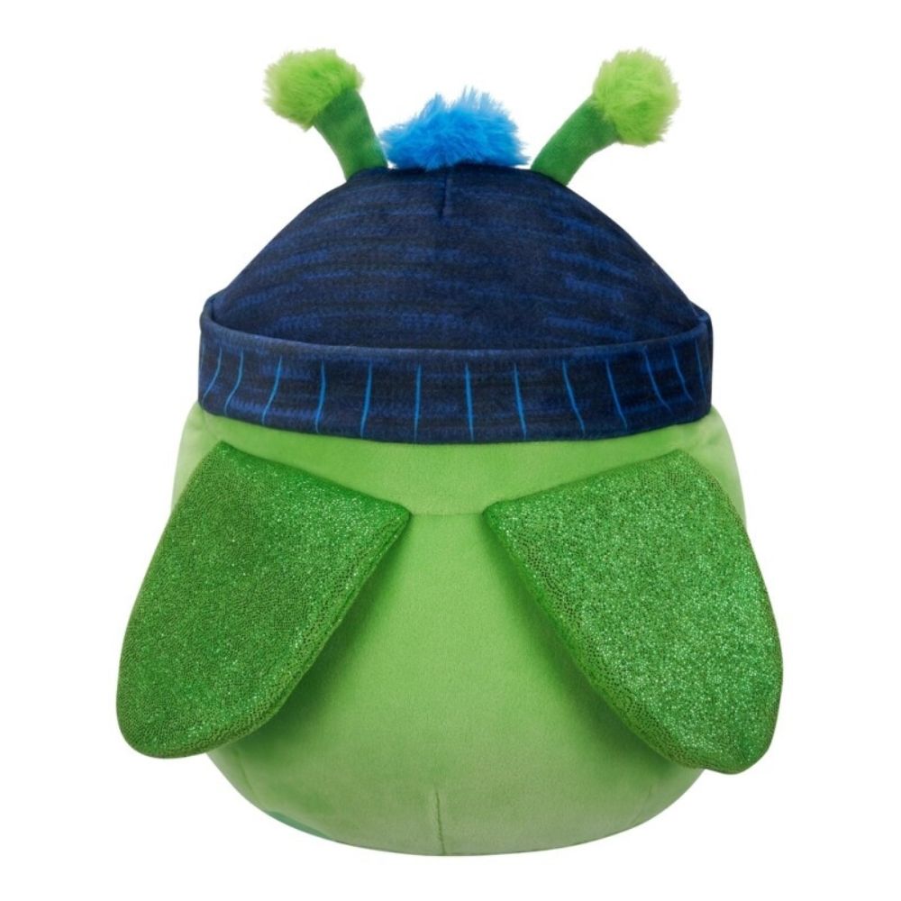 Green plush toy in a blue knit hat featuring fuzzy antennas and glittery green wing flaps