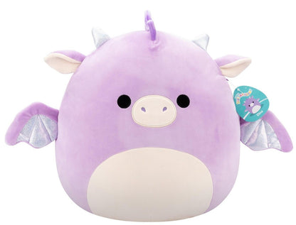 Lavender dragon Squishmallows plush, Dina, with glitter wings and horns, against a white background
