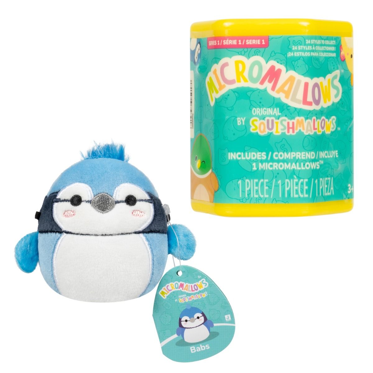 Squishmallows Babs the Blue Jay Micromallow mini plush displayed next to the yellow blind box packaging