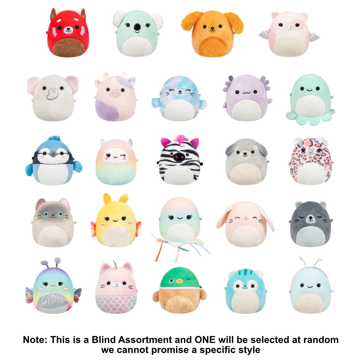 Grid of 24 miniature, colorful plush animal collectibles (Squishmallows style)