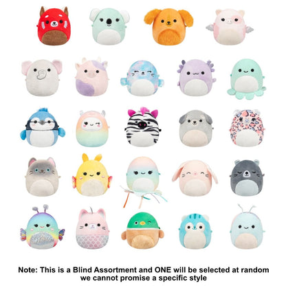 Grid of 24 miniature, colorful plush animal collectibles (Squishmallows style)