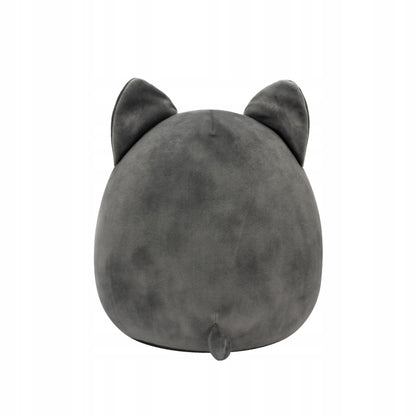 Back view of grey and cream Squishmallow plush toy with pointed ears, black eyes, white snout stripe, and fluffy white belly
