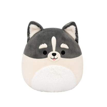Grey and cream Squishmallow plush toy with pointed ears, black eyes, white snout stripe, and fluffy white belly