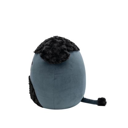 Side view of dark blue-grey Squishmallow bear plush with shaggy black fur on its head and chest, black round eyes, and a white snout with a black nose