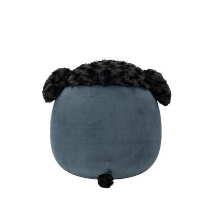 Back view of dark blue-grey Squishmallow bear plush with shaggy black fur on its head and chest, black round eyes, and a white snout with a black nose