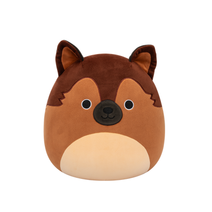 Brown and tan Squishmallow plush toy with dark brown pointed ears, black eyes, and a small black nose