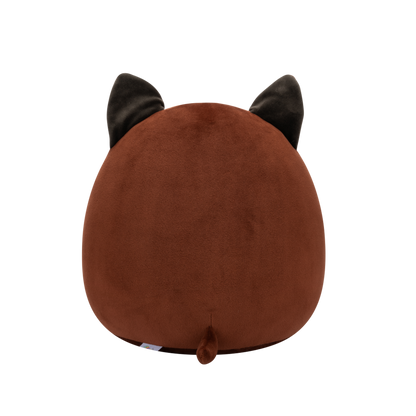 Back view of brown and tan Squishmallow plush toy with dark brown pointed ears, black eyes, and a small black nose