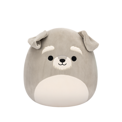 Soft grey plush animal toy with black eyes, white eyebrows, and a white beard on a black background